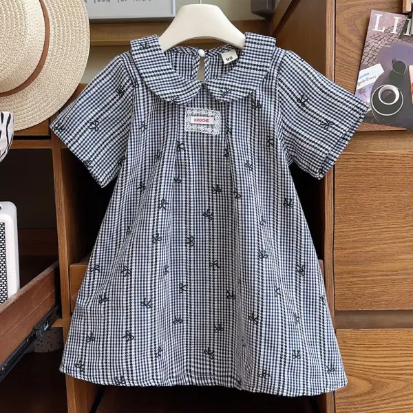 【18M-8Y】Girls Black Plaid Bow Embroidered Short Sleeve Dress - Popopieshop.com 