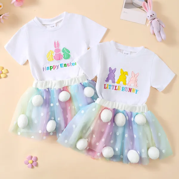 【6M-4Y】2-piece Girl Cute Easter Bunny And Letter Embroidery White T-shirt And Sweater Ball Skirt Set - Popopieshop.com 