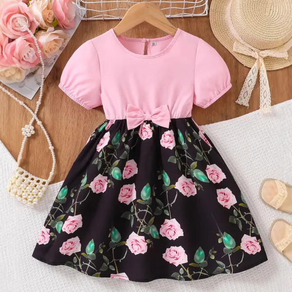 【18M-6Y】Girls Sweet Floral Print Pink Short Sleeve Dress - Popopieshop.com 