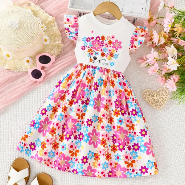 【18M-6Y】Girls Sweet And Cute Floral And Cat Print Ruffle Sleeve Dress - Popopieshop.com 