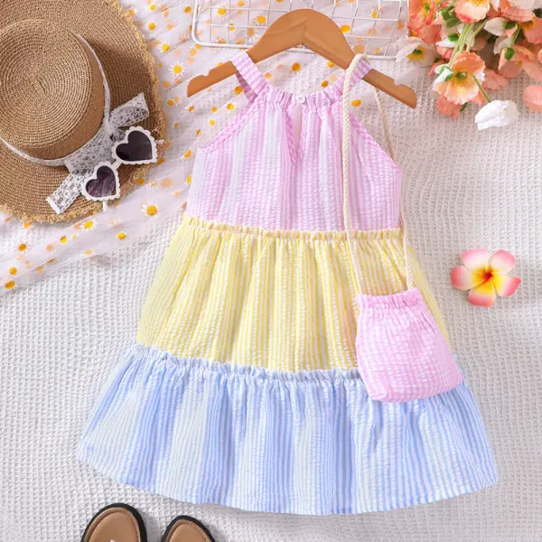 【2Y-7Y】2-piece Girls Sweet Colorblock Striped Halter Neck Dress With Crossbody Bag - Popopieshop.com 