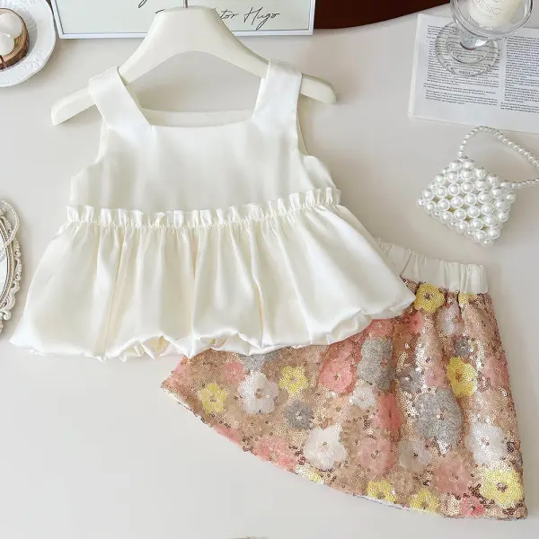 【18M-8Y】2-piece Girls White Top And Sequined Floral Skirt Set - Popopieshop.com 