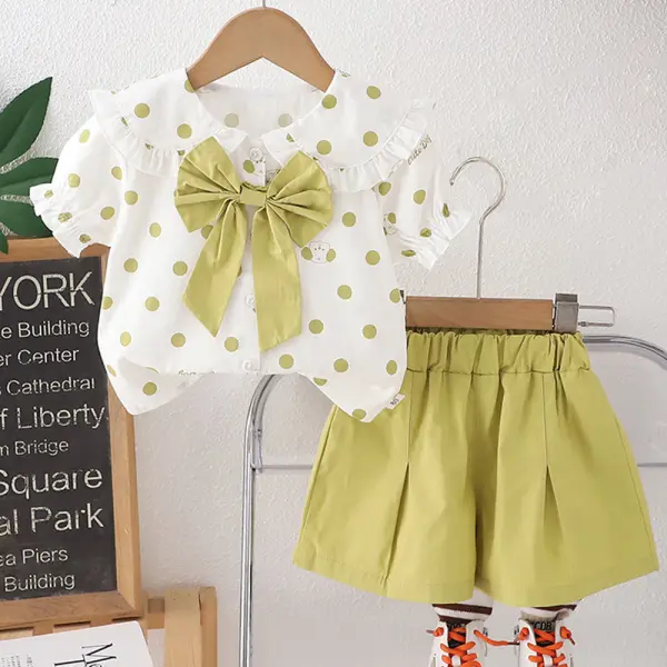 【12M-5Y】2-piece Girls Sweet And Cute Polka Dot Print Doll Collar Bowknot Short Sleeve Shirt And Shorts Set - Popopieshop.com 