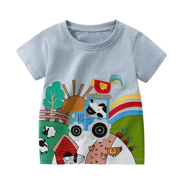 【2Y-10Y】Boys Casual Farm Animal Embroidered Light Blue Short Sleeve T-shirt - Popopie.com 