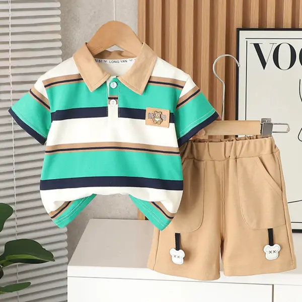 【12M-5Y】2-piece Boys Casual Striped Colorblock Lapel POLO And Shorts Suit - Popopieshop.com 