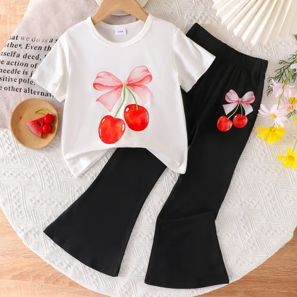【2Y-7Y】2-piece Girls Sweet And Stylish Strawberry Print White T-shirt And Black Pants Set - Popopieshop.com 