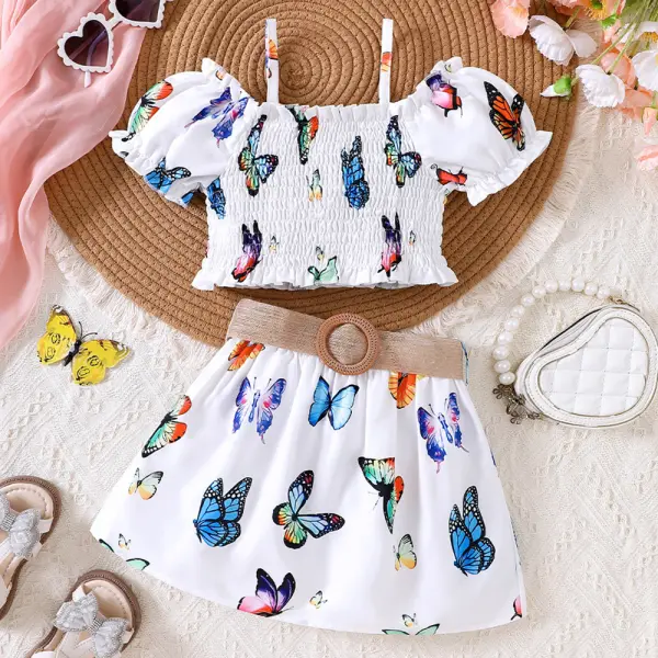 【2Y-7Y】2-piece Girls Sweet Butterfly Print Suspender Puff Sleeve Top And Skirt Set - Popopieshop.com 