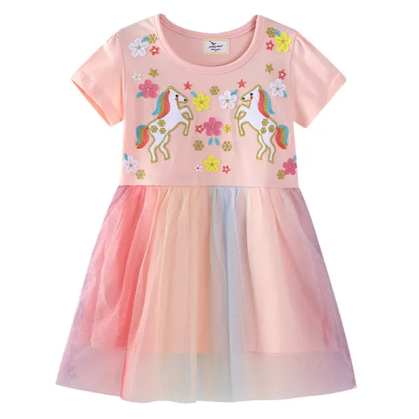 【1Y-7Y】Girls Pink Unicorn Embroidered Gradient Mesh Short Sleeve Dress - Popopieshop.com 
