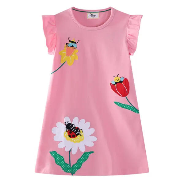 【1Y-7Y】Girls Pink Cartoon Embroidered Dress - Popopieshop.com 