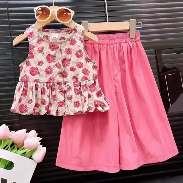 【2Y-8Y】2-piece Girls Sweet Floral Print Sleeveless Top And Rose Pants Set - Popopieshop.com 