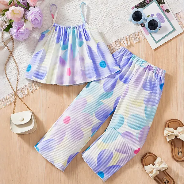 【3Y-10Y】2-piece Girls Sweet And Stylish Floral Print Purple Camisole Top And Pants Set - Popopieshop.com 