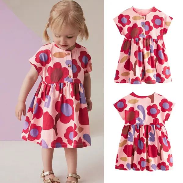 【2Y-10Y】Girls Sweet Cotton Flower Print Short Sleeve Dress - Popopieshop.com 