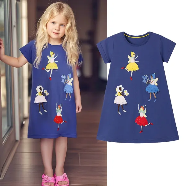 【1Y-7Y】Girls Sweet Cute Cartoon Elf Embroidered Blue Short Sleeve Dress - Popopieshop.com 