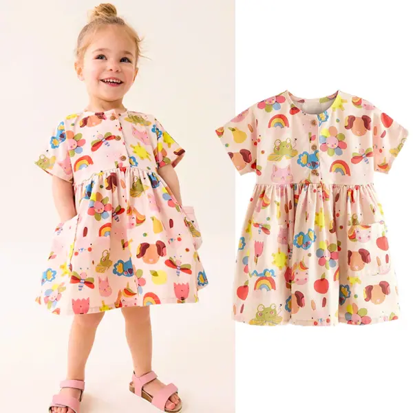 【2Y-10Y】Girls Sweet Rainbow Unicorn Cartoon Print Short Sleeve Dress - Popopieshop.com 