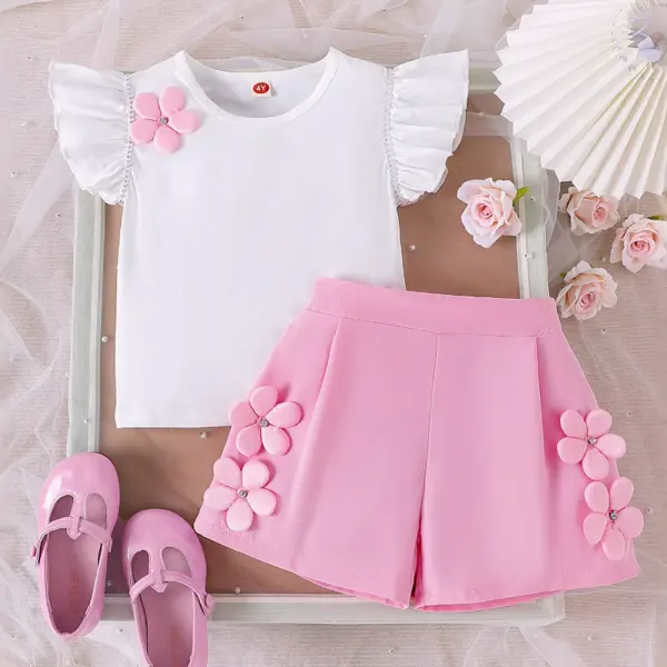 【3Y-7Y】2-piece Girls Sweet Ruffle T-shirt And Floral Shorts Set - Popopieshop.com 