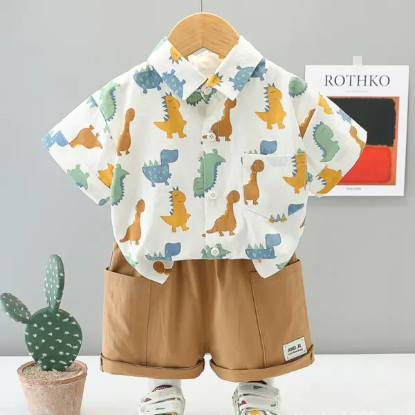 【12M-5Y】2-piece Boys Casual Cartoon Dinosaur Bear Print Short Sleeve Shirt And Shorts Set - Popopieshop.com 