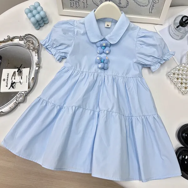 【18M-8Y】Girls Blue Applique Short Sleeve Dress - Popopieshop.com 