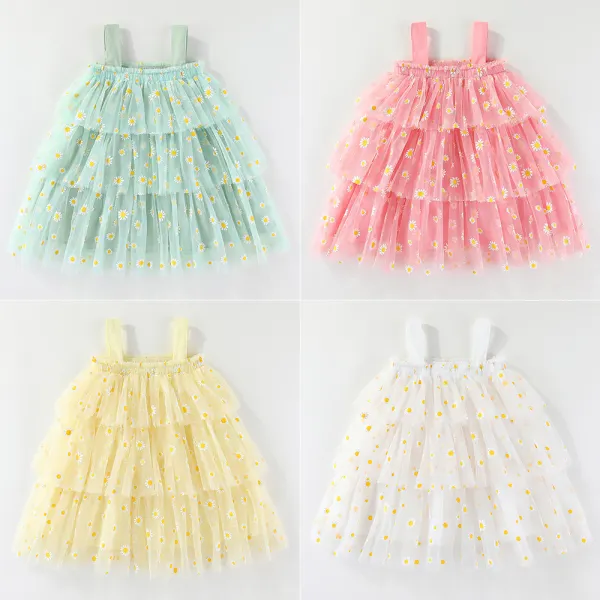 【12M-5Y】Girls Little Daisy Printed Ruffle Mesh Sling Dress - Popopieshop.com 