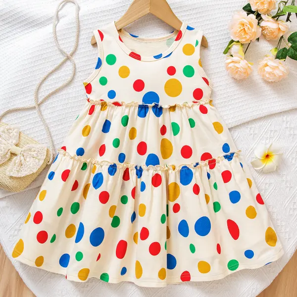 【3Y-7Y】Girls Colorful Polka Dot Print Sleeveless Dress - Popopieshop.com 