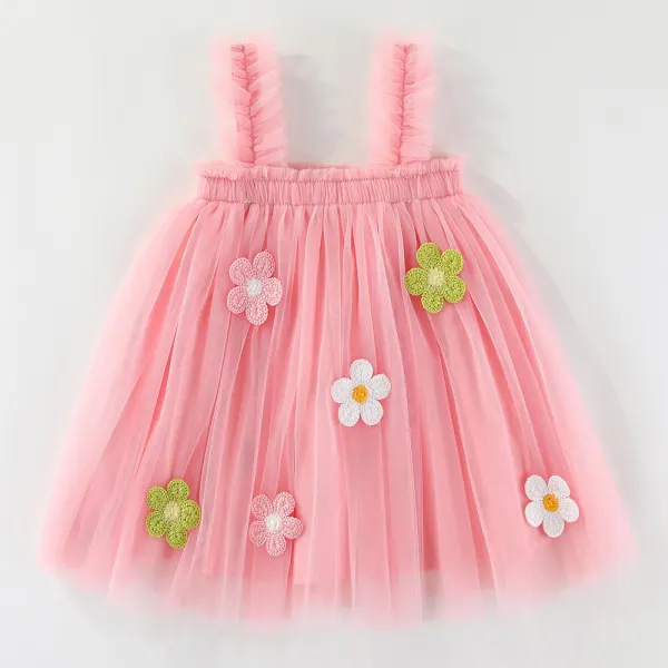 【9M-4Y】Girls Floral Applique Ruffle Mesh Sling Dress - Popopieshop.com 