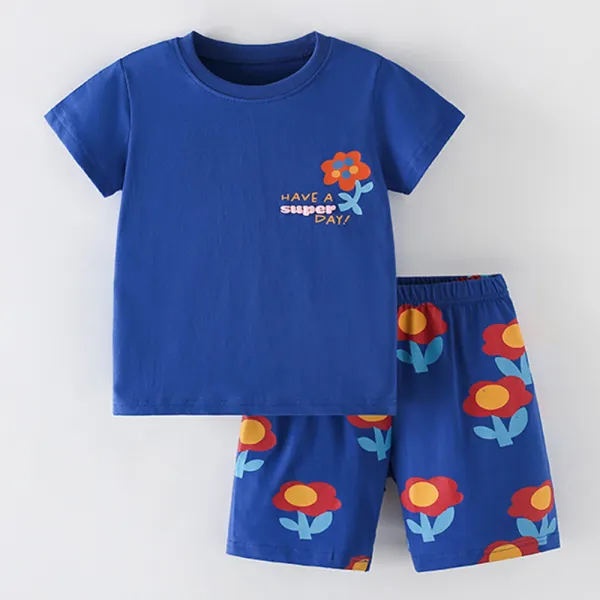 【2Y-10Y】2-piece Girls Blue Floral Print Short Sleeve T-shirt And Shorts Set - Popopieshop.com 