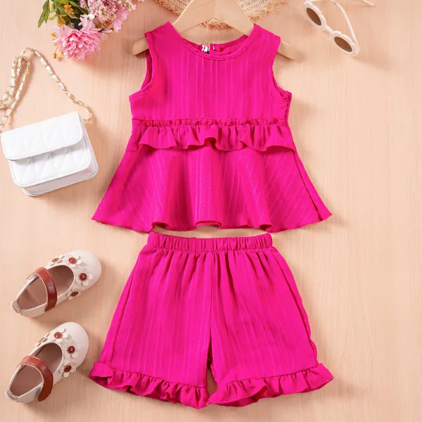 【6M-6Y】2-piece Girls Casual Simple Solid Color Ruffle Top And Shorts Set - Popopieshop.com 