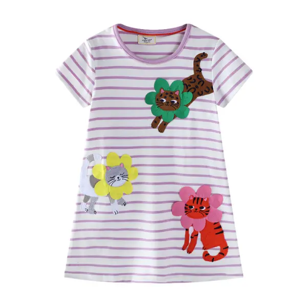 【1Y-7Y】Girls Cute Cartoon Cat Embroidered Purple Striped Short Sleeve Dress - Popopieshop.com 
