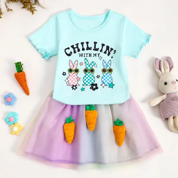 【6M-4Y】2-piece Girls Cute Bunny And Letter Print Light Blue T-shirt And Carrot Skirt Set Easter Outfit - Popopieshop.com 
