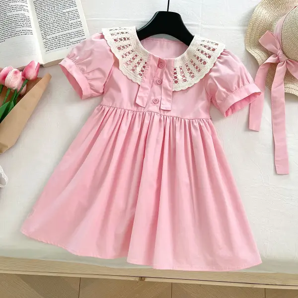 【18M-10Y】2-piece Girls Lace Lapel Short Sleeve Dress With Hat - Popopieshop.com 