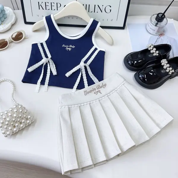 【18M-8Y】2-piece Girls Navy Lace Vest And Pleated Skirt Set - Popopieshop.com 