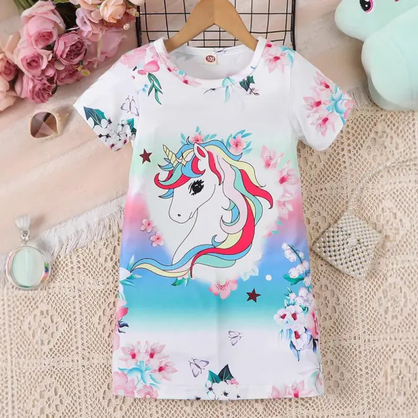 【18M-6Y】Girls Cute Floral Unicorn Print Short Sleeve Dress - Popopieshop.com 
