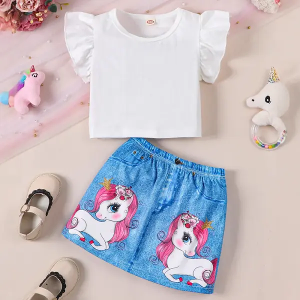 【18M-6Y】2-piece Girls Solid Color Ruffle Tank Top And Faux Denim Unicorn Print Skirt Set - Popopieshop.com 