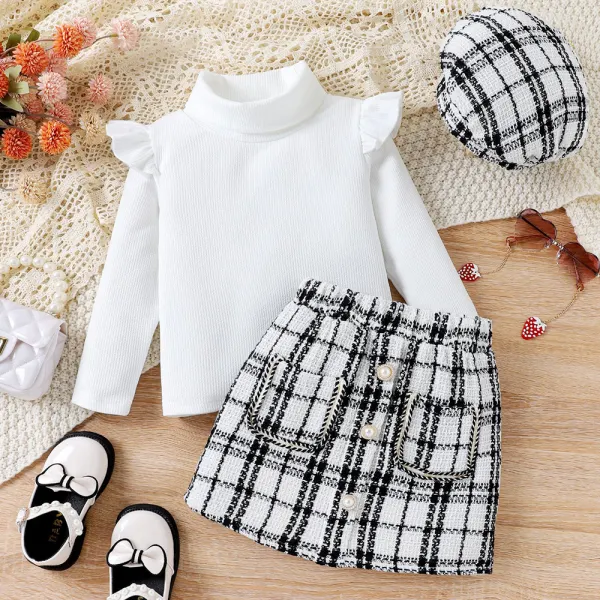 【3Y-7Y】3-piece Girl White High Neck Long Sleeve T-shirt And Plaid Skirt Set With Hat - 34469 - Popopieshop.com 