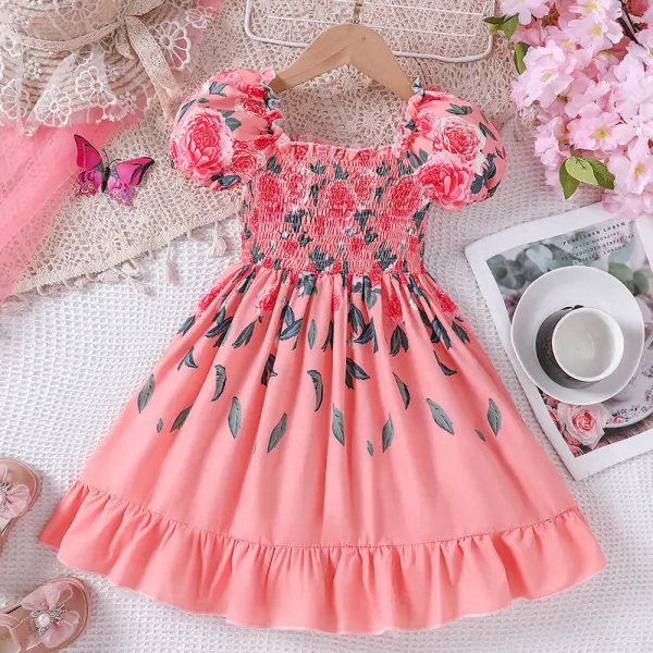 【18M-6Y】Girls Sweet Pink Romantic Rose Flower Puff Sleeve Dress - Popopieshop.com 