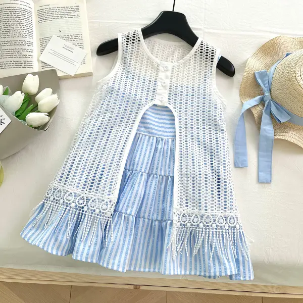 【18M-10Y】3-piece Girls Blue Striped Sling Dress And Lace Vest With Hat - Popopieshop.com 