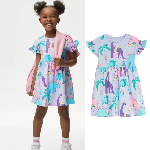 【2Y-10Y】Girls Sweet Cotton Cartoon Dinosaur Print Ruffle Short Sleeve Dress - Popopieshop.com 