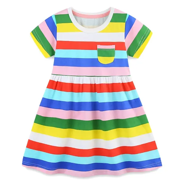 【18M-7Y】Girls Sweet Cotton Rainbow Stripe Print Short Sleeve Dress - Popopieshop.com 