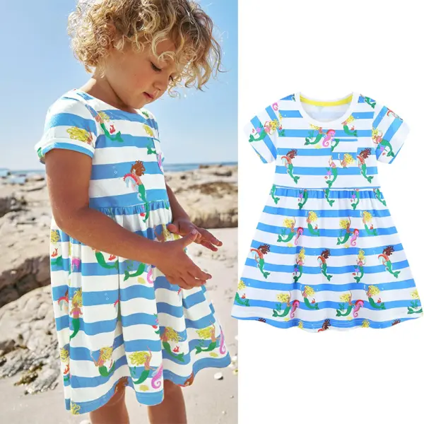 【18M-7Y】Girls Sweet Light Blue Striped Mermaid Print Short Sleeve Dress - Popopieshop.com 