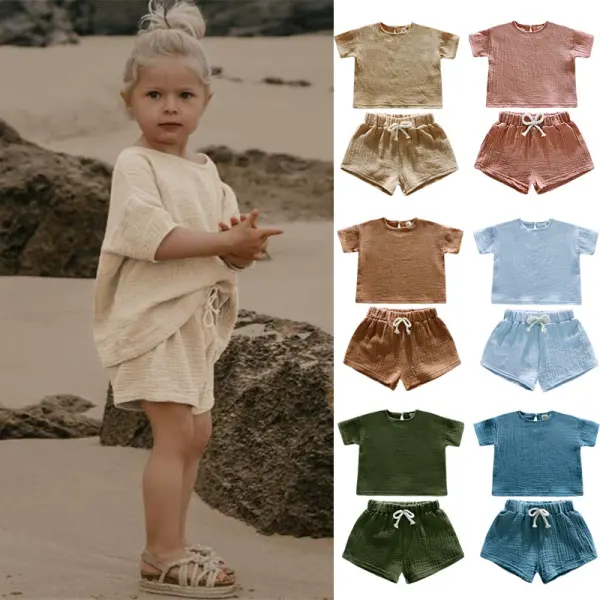 【18M-6Y】2-piece Unisex Casual Solid Color Cotton And Linen Breathable Short Sleeve Top And Shorts Set - Popopieshop.com 