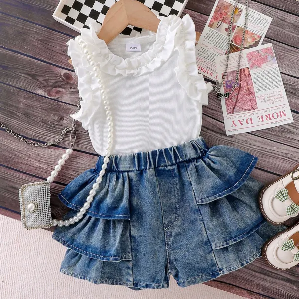 【2Y-7Y】2-piece Girls Sweet Fashion Ruffle Design White T-shirt And Blue Denim Shorts Set Only $33.99 - Popopieshop.com 
