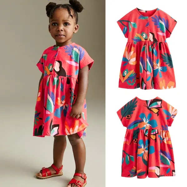【2Y-10Y】Girls Sweet Cotton Tropical Rainforest Flamingo Flower Print Short Sleeve Dress - Popopieshop.com 