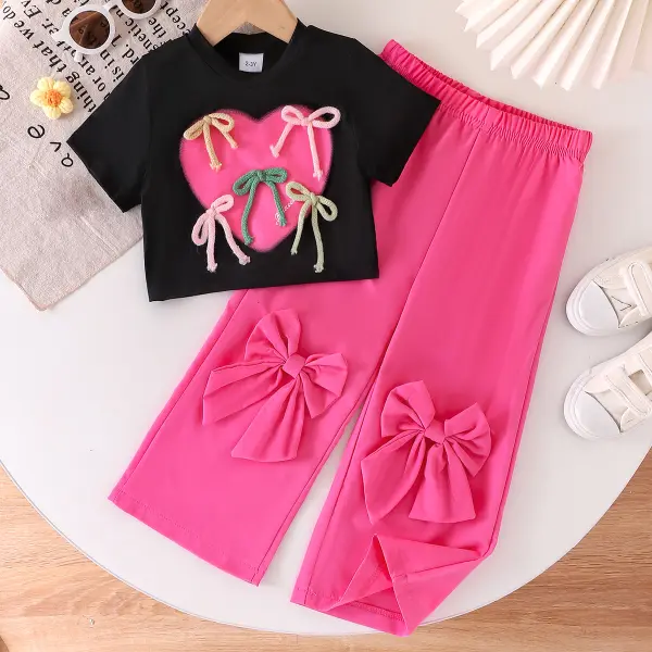 【2Y-7Y】2-piece Girls Sweet Fashion Bow Design Black T-shirt And Rose Pants Set - Popopieshop.com 