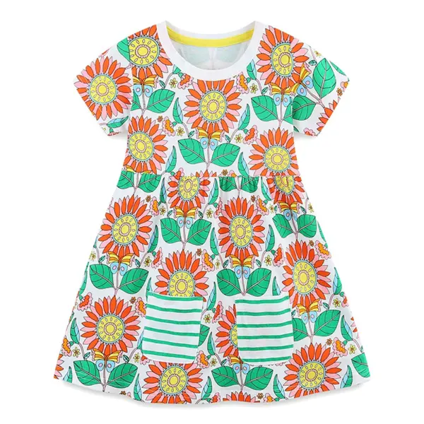 【18M-7Y】Girls Sweet Cotton Flower Print Short Sleeve Dress - Popopieshop.com 