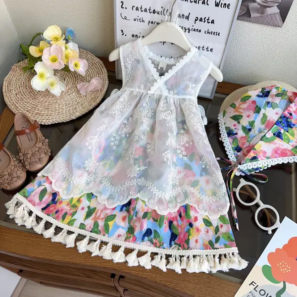 【18M-8Y】3-piece Girls Colorful Floral Sling Dress And Lace Dress Set With Headband - Popopieshop.com 