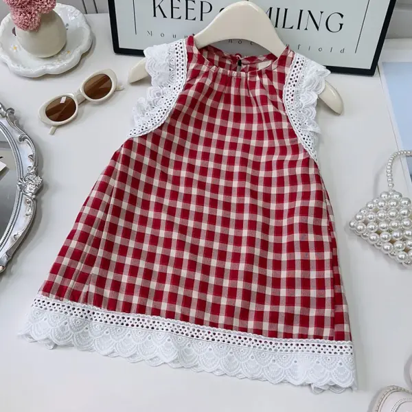 【18M-8Y】Girls Red Plaid Lace Sleeveless Dress - Popopieshop.com 