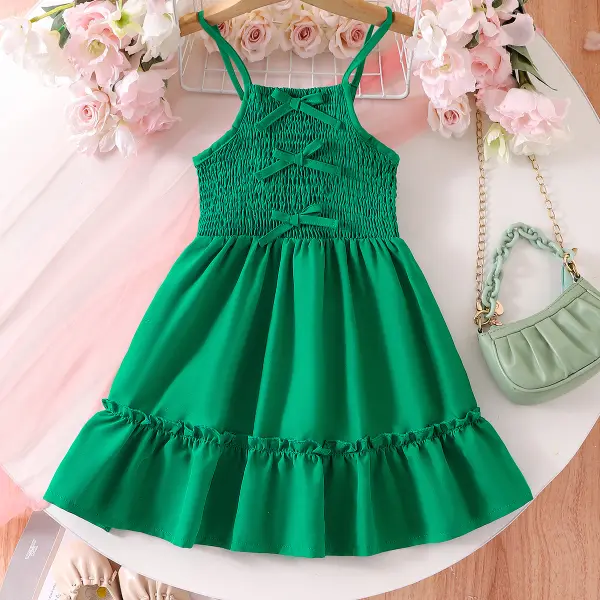 【3Y-7Y】Girls Sweet Fashion Bow Design Green Sling Dress - Popopieshop.com 