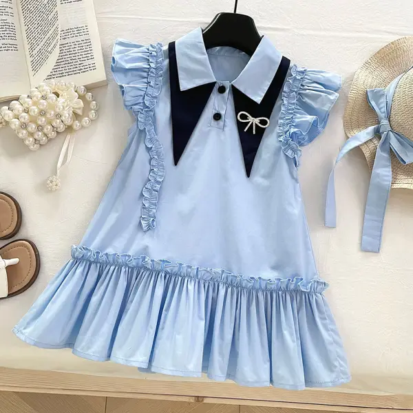 【18M-10Y】2-piece Girls Blue Ruffle Short Sleeve Dress With Hat - Popopieshop.com 