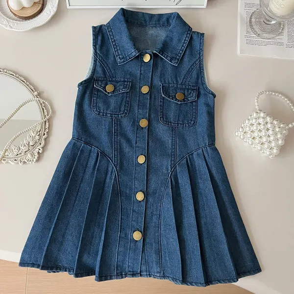 【18M-8Y】Girls Denim Pleated Sleeveless Dress - Popopieshop.com 