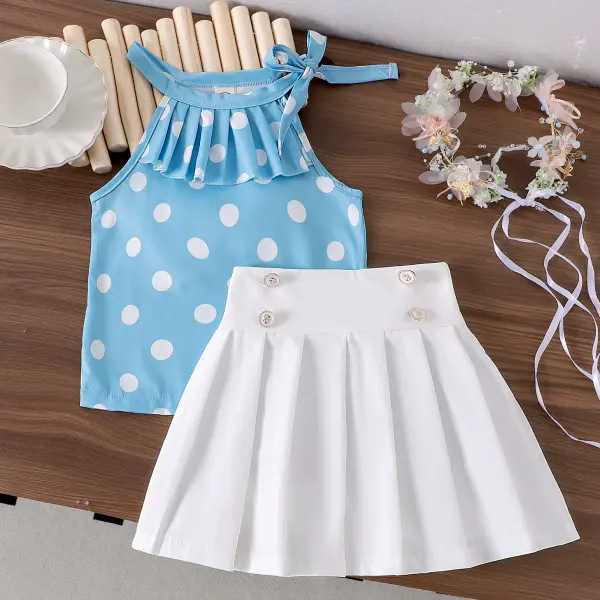 【3Y-8Y】2-piece Girls Sweet Blue Polka Dot Print Suspender Tank Top And White Pleated Skirt Set - Popopieshop.com 