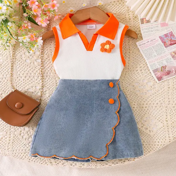 【2Y-7Y】2-piece Girls Sweet Fashion Floral Embroidery Sleeveless Top And Denim Shorts Set - Popopieshop.com 